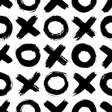 XOXO seamless pattern. Vector Abstract background with ink brush strokes. Monochrome Scandinavian hand drawn print. Grunge texture with simbols of zero and cross.
