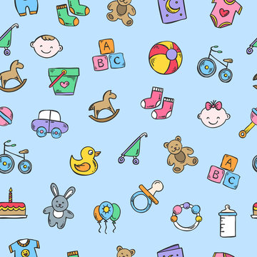 Baby seamless pattern. Vector background with toys and children objects. Cute repeat print with blue backdrop