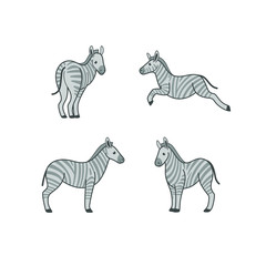 Cartoon zebra icon set. Different poses of cartoon animal. Vector illustration for prints, clothing, packaging, stickers.
