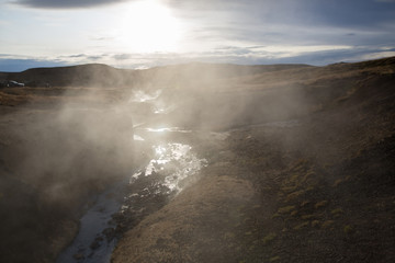 Geothermal area in Krysuvik on early sunny morning, Southern Peninsula (Reykjanesskagi, Reykjanes Peninsula), Iceland