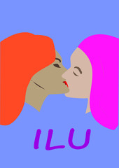 Vector image. Two lesbians kissing each other on the lips.  Girls with red and pink hair.  Postcard with a declaration of love. Blue background. LGBT 