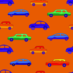 Cars. Seamless pattern. Multicolored cars for baby products. Orange background. Cars in kids style. Background for children's clothing, gift wrapping, textiles, products for babies.