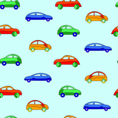 Cars. Seamless pattern. Multicolored cars on blue background. Cars in kids style. Background for children's clothing, gift wrapping, textiles, products for babies, for little boys. Stock vector image