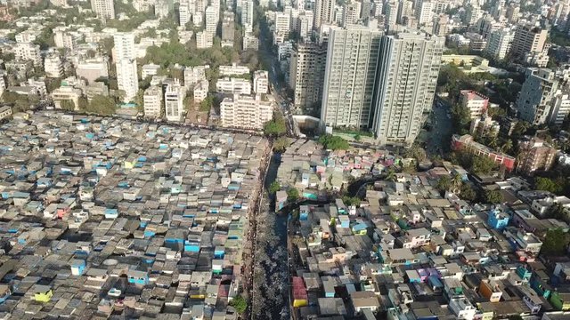 Dharavi Slum Mumbai India. Aerial Revealing From Poor to Modern Buildings and Polluted Air Over Indian Metropolis