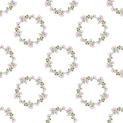 Seamless background with wreaths of of cosmos, clover, chamomile, carnation and poppy buds. Endless pattern for your design.