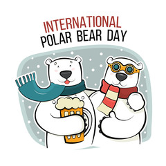 Postcard for the international polar bear day. Two wild animals hugged each other and drink beer. Vector illustration isolated on white background.
