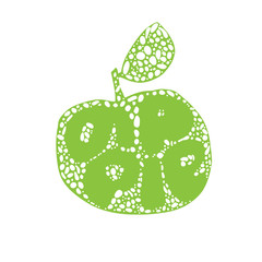 Green Apple silhouette. Fresh fruit Typography Vector Illustration, Handdrawn lettering. Hand drawn font on Healthy fruity harvest apple silhouette with decorative doodle elements.