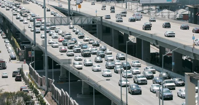 San Francisco, Jul 2019. Big traffic jam on multilevel bridge at San Francisco in 4k