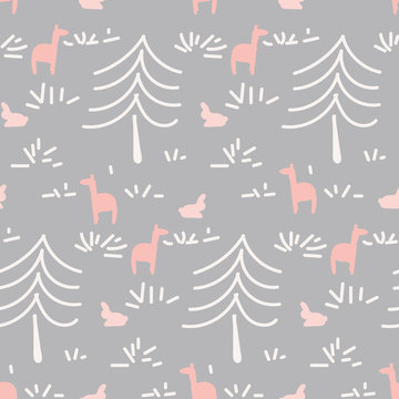 A doodle forest themed seamless vector pattern. Surface print design.