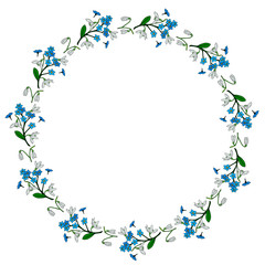 Obraz na płótnie Canvas Round frame with snowdrops and flowers forget-me-not. Isolated wreath on white background for your design