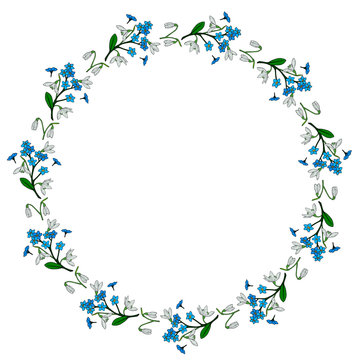 Round frame with snowdrops and flowers forget-me-not. Isolated wreath on white background for your design