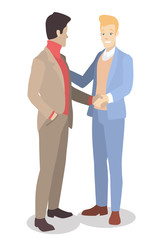 Vector with two young businessmen who shake hands. Ideal for advertising and presentations.