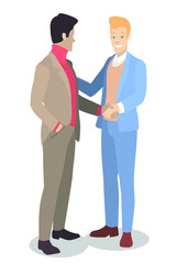 Vector with two young businessmen who shake hands. Ideal for advertising and presentations.