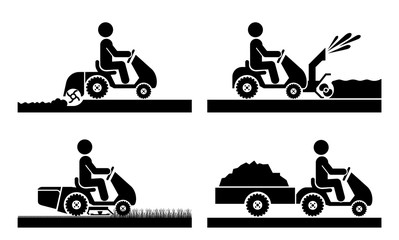 Pictogram icon set presenting agricultural machinery: compact tractor. Mini tractor in agricultural process and gardening, plowing, mowing, transporting, snow removal.