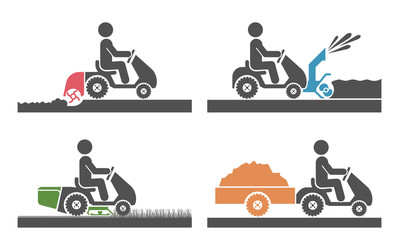 Pictogram icon set presenting agricultural machinery: compact tractor. Mini tractor in agricultural process and gardening, plowing, mowing, transporting, snow removal.