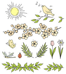 set of flowers, branches, sun, bird, butterfly