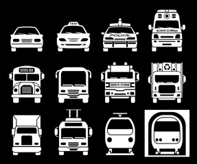 Set of front view icons of police car, ambulance car, fire department vehicle, taxi car, garbage collector, school bus, truck, metro and train. Transportation icons.