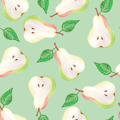 Watercolor pears seamless pattern. Hand drawn pattern. Abstract background Design of organic food. Surface background. Isolated background Cloth design. White background