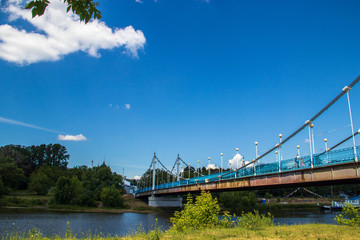 Cable-stayed bridge over the Kotorosl river in Yaroslavl. View from the island of Damansky.