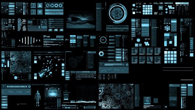 light blue Futuristic interface/Digital screen.Detailed abstract background with blinking and switching indicators and statuses showing work of command center, processing big data, machine deep learni