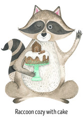 Cozy raccoon with cake watercolor