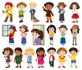 Large set of boys and girls doing different activity on white background