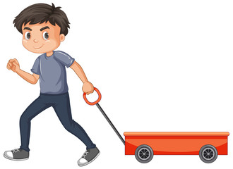 Boy pulling red wagon on white background