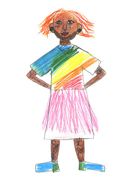 Tolerance and diversity through the eyes of a child. Stylization for a children's drawing. A man with tattoos in colorful clothes. Isolated on white background.