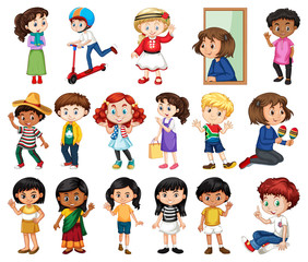 Large set of boys and girls doing different activity on white background