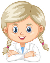 Girl wearing lab gown on white background