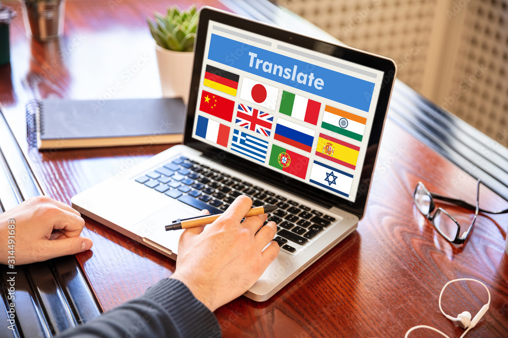 Poster man working on a laptop with the word translate on the computer screen