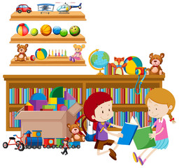 Obraz na płótnie Canvas Shelf full of books and toys on white background