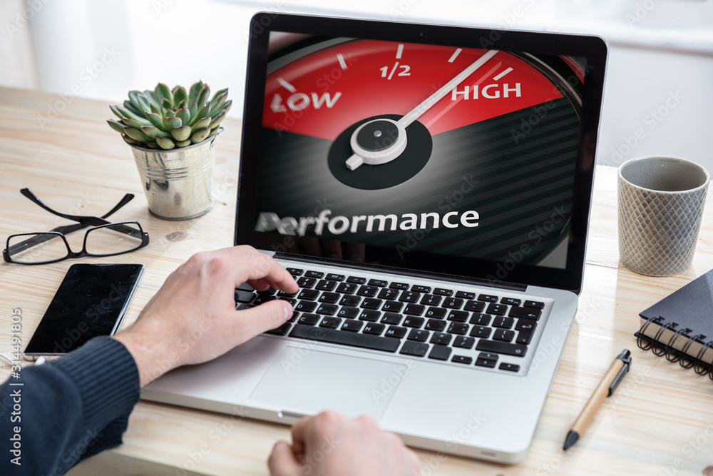Poster man working with a computer, high performance text on the screen, office background