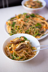 Stir fried Korean glass noodle with soy sauce called Japchae