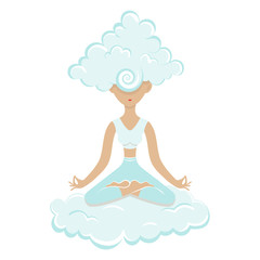 Perfect woman meditating sitting on cloud. Her head in a cloud of Nirvana