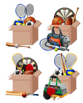 Set of boxes full of sport equipments on white background