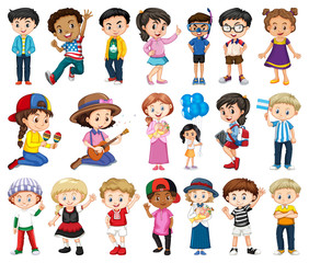 Large set of boys and girls doing different activity on white background