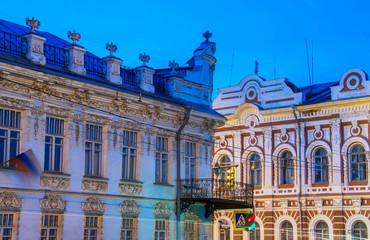 Yaroslavl. Historic buildings; 18th-19th century; House Donovich-Lopatin and house Poletaeva on the Big Oktyabrskaya street, Yaroslavl. night scene