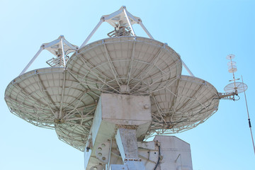 Parabolic antennas of a warship. Radar or radiolocation device.