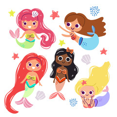 collection of cute little mermaids, seashells