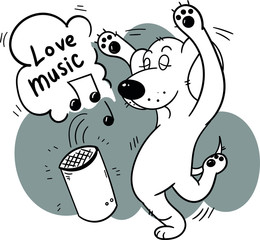 Dog dance, vector illustration, bluetooth speaker