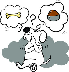dog chooses food for himself, vector illustration, bone or food for dogs