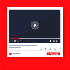 Desktop Video player youtube. PC social media interface. Play video online mock up. Subscribe button. Tube window with navigation icon. Vector illustration.