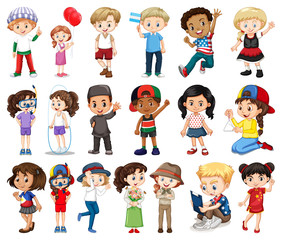 Large set of boys and girls doing different activity on white background