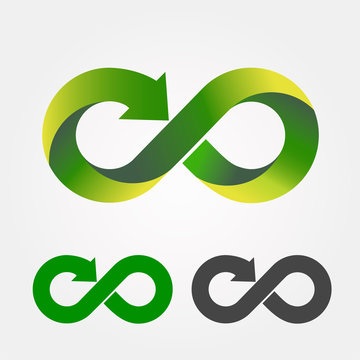 Modern recycling logo. Infinity sign. Symbol of environment. Green and yellow gradient. Nature. Arrow at the end of infinity icon. 2 variants of the same icon. 3D logo. Vector illustration