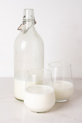 bottle of milk and glass of milk with copy space for text