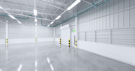 Roller door or roller shutter inside factory, warehouse or industrial building. Modern interior design with polished concrete floor and empty space for product display, industry background. 3d render.