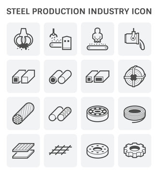 Steel production industry, manufacturing vector icon consist of worker, machine equipment and production line. Include process to casting product of steel, aluminum, iron or stainless i.e. pipe, roll.