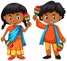 India kid holding maracas on white background