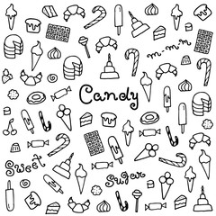 Hand drawn sweets and candies pattern.